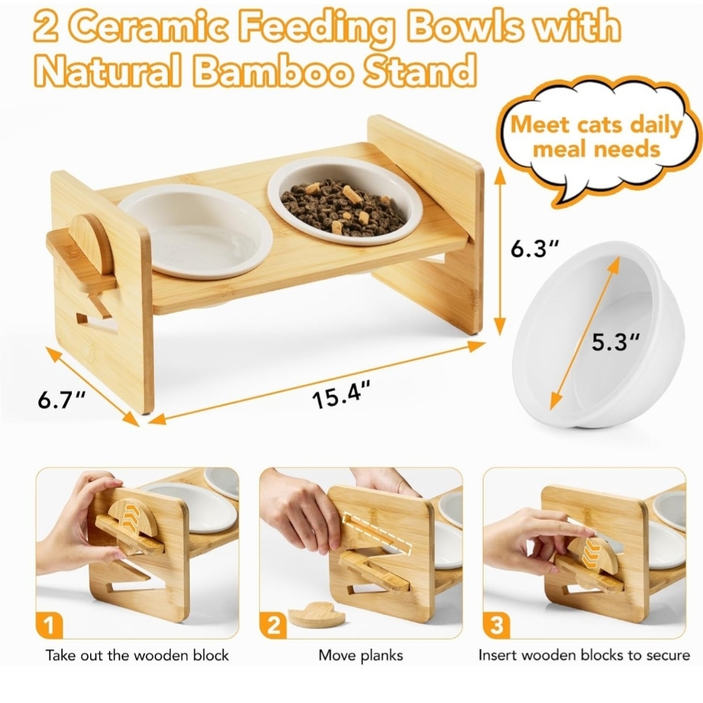 Bamboo Elevated Pet Feeder with Ceramic Bowls - Picture 5 of 5